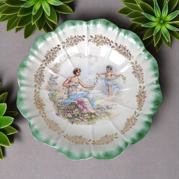 Vintage Dresden Porcelain Bowl: Woman and Angel Motif, Green & Gold Trim - Picture 1 of 7